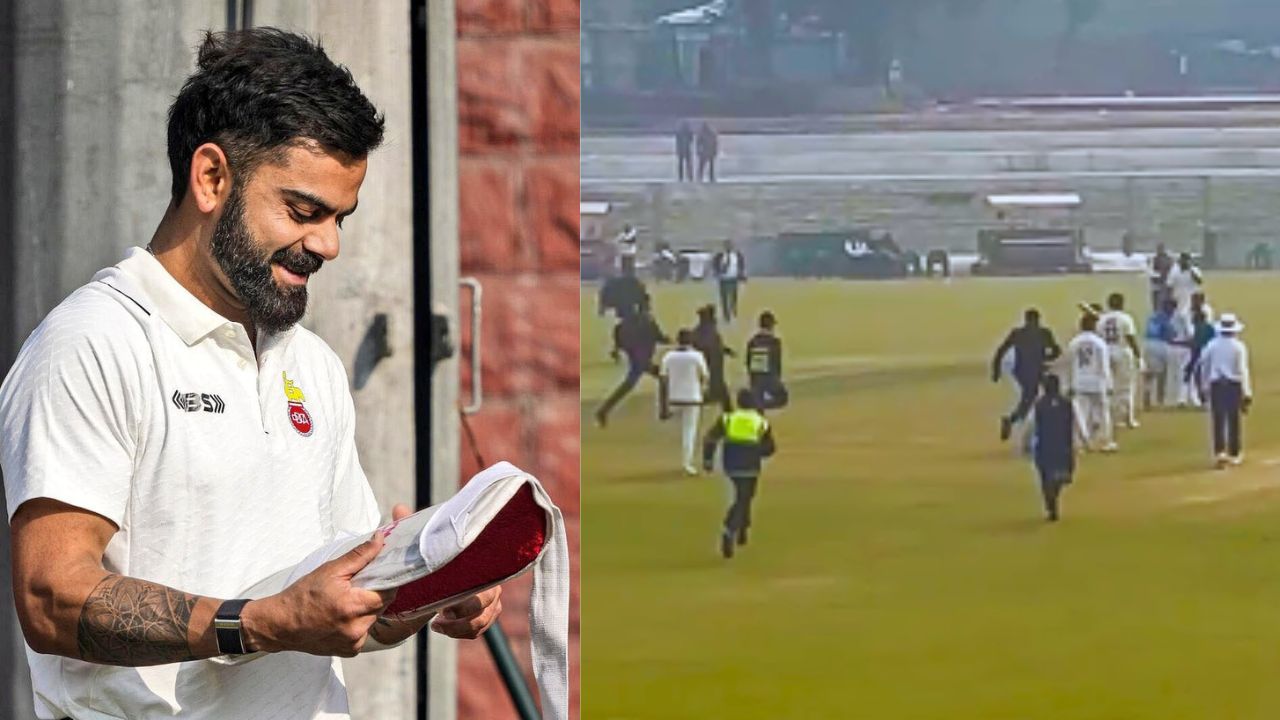 Virat Kohli was mobbed by 3 fans who breach the field during ranji trophy match